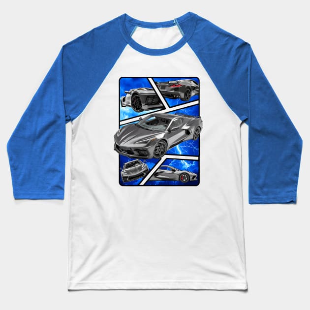 Multiple Angles of the Hypersonic Gray C8 Corvette Presented In A Bold Vibrant Panel Art Display Supercar Sports Car Racecar Torch Gray Corvette C8 Baseball T-Shirt by Tees 4 Thee